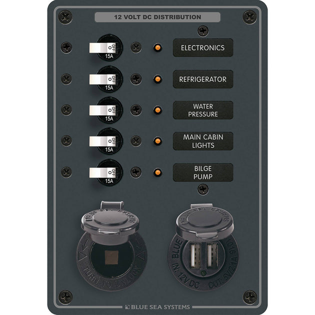 Blue Sea 8120  5 Position 12V Panel wDual USB  12V Socket 8120